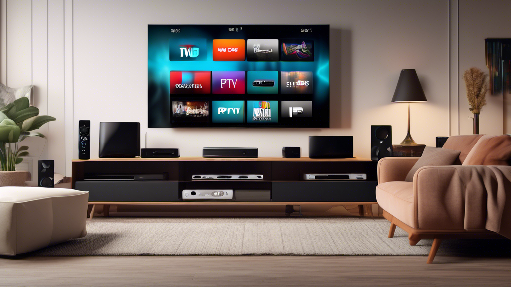 Create an image of a modern living room setup with a variety of IPTV streaming devices including streaming boxes, smart TVs, and streaming sticks, showcasing different streaming services on each device