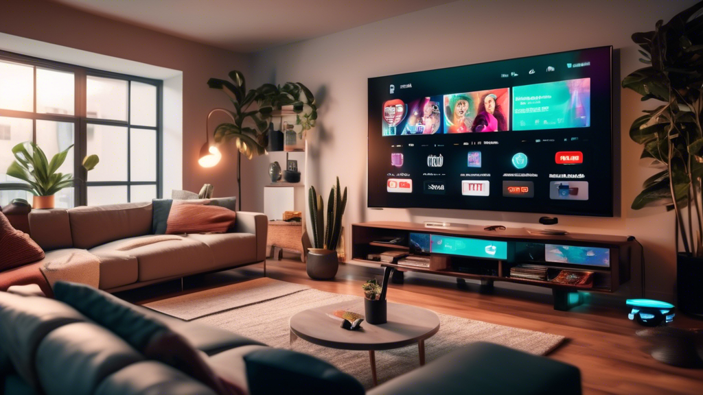 Create an image of a futuristic living room setup featuring a large smart TV displaying a variety of IPTV services, such as Netflix, Hulu, Amazon Prime, and Disney+, with a comfortable sofa and snacks nearby. The image should convey a sense of modern technology and convenience, reflecting the idea of the best IPTV services recommended in the article.