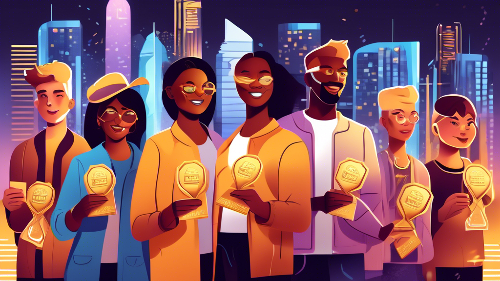 A digital illustration of a diverse group of people holding golden tickets with a futuristic city in the background, symbolizing the concept of NFT whitelisting for beginners.