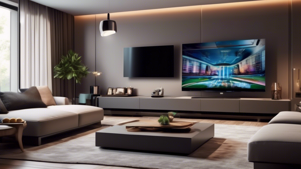 Create an image of a sleek, modern living room with a large flat-screen TV displaying a variety of IPTV channels. The room should have comfortable furniture and a cozy ambiance, with the IPTV interface shown in detail on the screen. Additionally, include subtle tech-themed accents like smart home devices or futuristic lighting to emphasize the cutting-edge nature of IPTV services.