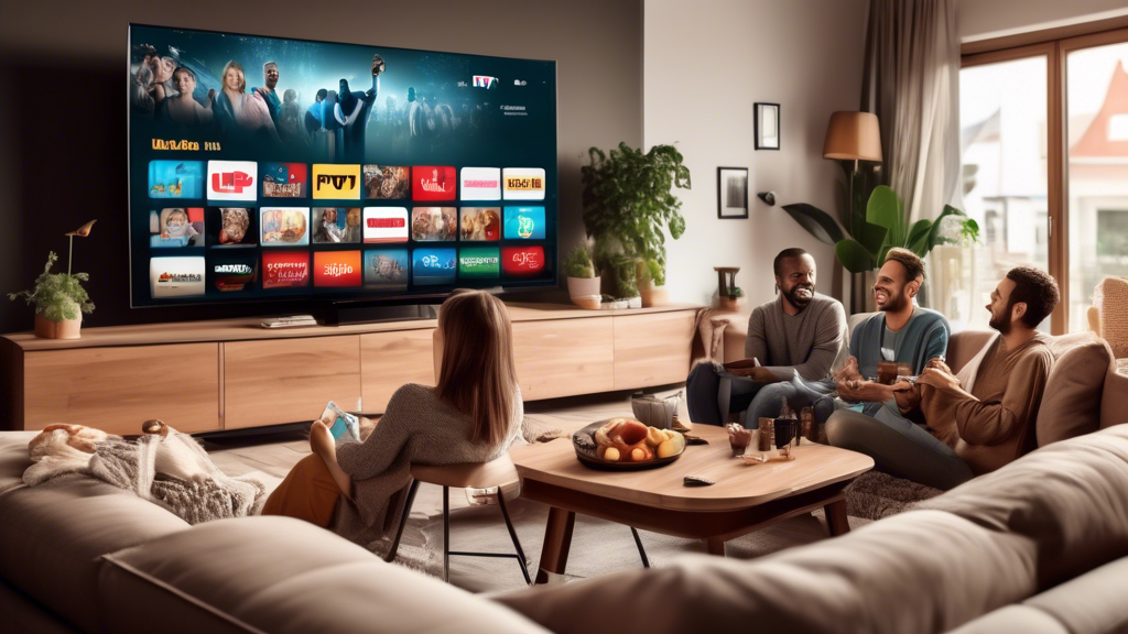 Create an image of a modern living room with a large TV screen displaying various IPTV channels, including popular shows, movies, and live sports events. Show a cozy sofa with a family or group of friends enjoying the content together, with snacks and drinks on a coffee table. Include captions highlighting the benefits of IPTV such as access to a wide range of channels, on-demand content, and high-quality picture and sound.