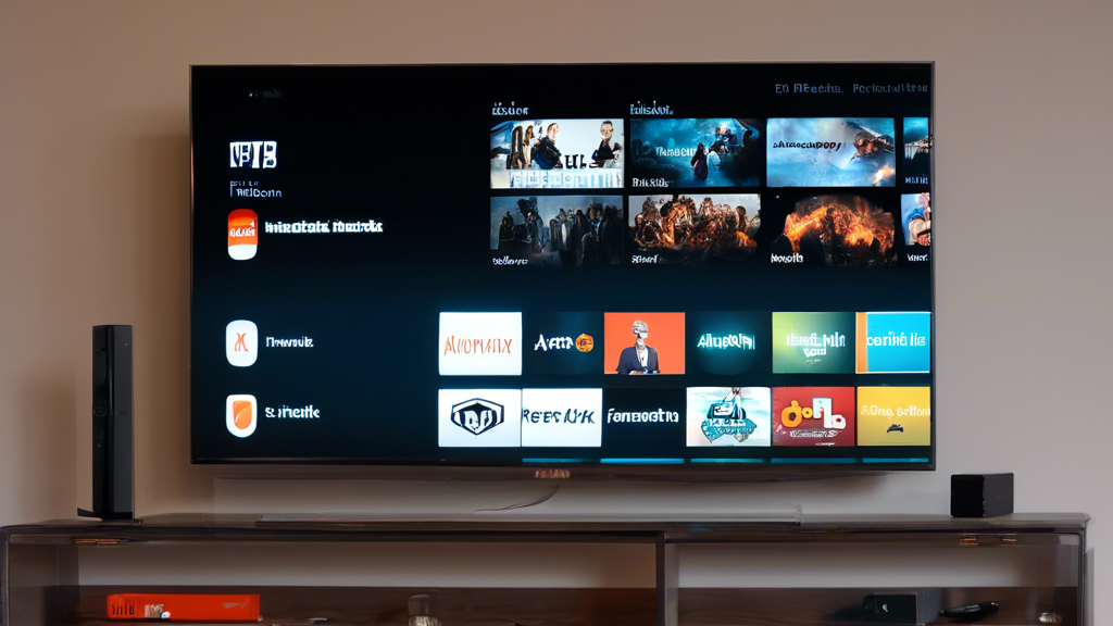 Erstellen Sie ein Bild, das zeigt, wie einfach es ist, einen TV-Dienst auf einem Firestick einzurichten. Das Bild sollte eine Person zeigen, die den Firestick an den Fernseher anschließt und dann durch die verschiedenen TV-Dienste scrollt, die auf dem Bildschirm angezeigt werden. Die Person sollte zufrieden lächeln, um die Benutzerfreundlichkeit und Zufriedenheit mit dem Prozess darzustellen.