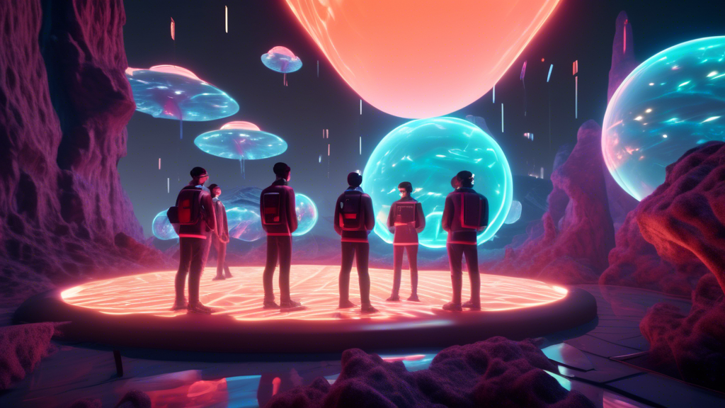 A group of virtual explorers interacting with glowing, animated Webump NFTs in a futuristic digital landscape.
