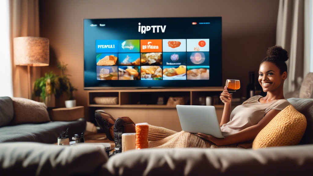 Create an image of a person sitting in a cozy living room, with a large screen television showing a variety of IPTV channels. The room is filled with snacks, drinks, and a laptop showing the article title Free IPTV for 1 Year: Everything You Need to Know. The person has a smile on their face, looking relaxed and content while enjoying the IPTV experience.