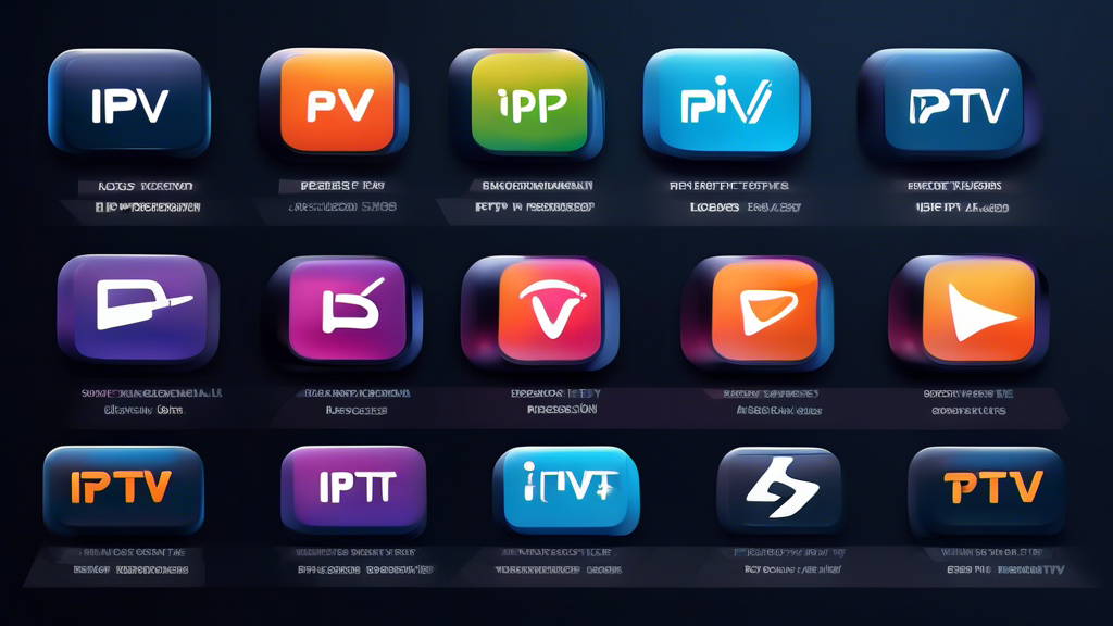 Create an image of a digital device with a split screen showing the logos of the top 5 IPTV providers alongside their ratings and recommendations, with a modern and sleek design. Each logo should be accompanied by a star rating or numerical score to represent their overall performance in the test. The background should have a futuristic and technological feel to emphasize the concept of IPTV services being at the forefront of digital entertainment.