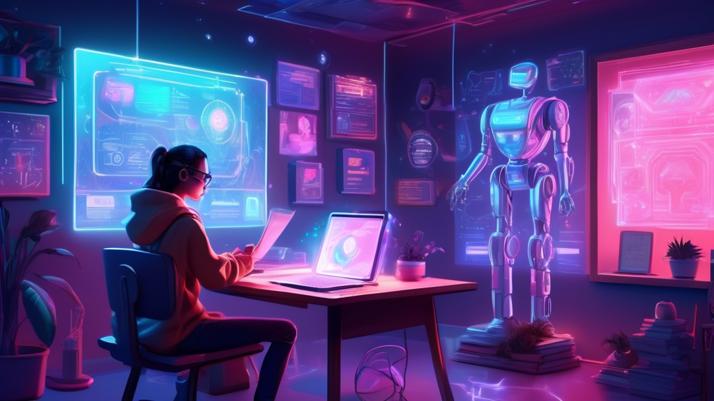 An illustrated beginner seated at a desk in a cozy, futuristic room, intently studying a glowing, holographic book titled 