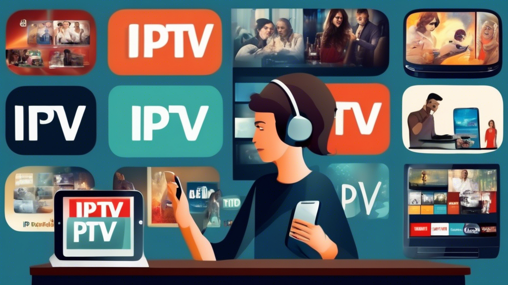 Create an image of a person watching a variety of TV shows and movies on different devices such as a television, tablet, and smartphone, with the word IPTV displayed prominently in the background. The image should convey a sense of convenience and versatility in TV streaming options.