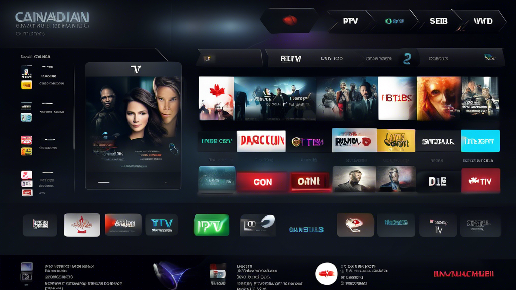 Create an image of a futuristic digital interface showcasing a variety of IPTV subscription options specifically tailored for the Canadian market. The interface should display diverse Canadian TV channels, streaming services, and on-demand content available through different subscription plans, with interactive features and a sleek, modern design.