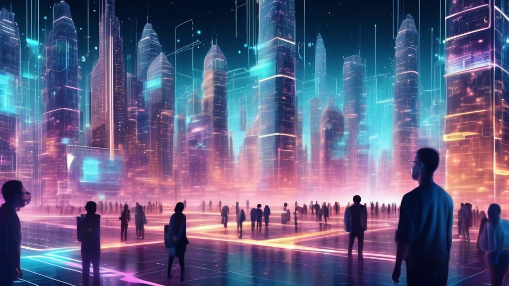 Detailed illustration of a futuristic city with buildings made of glowing code and people using holographic interfaces to interact with a decentralized and immersive digital world, symbolizing Web 3.0.