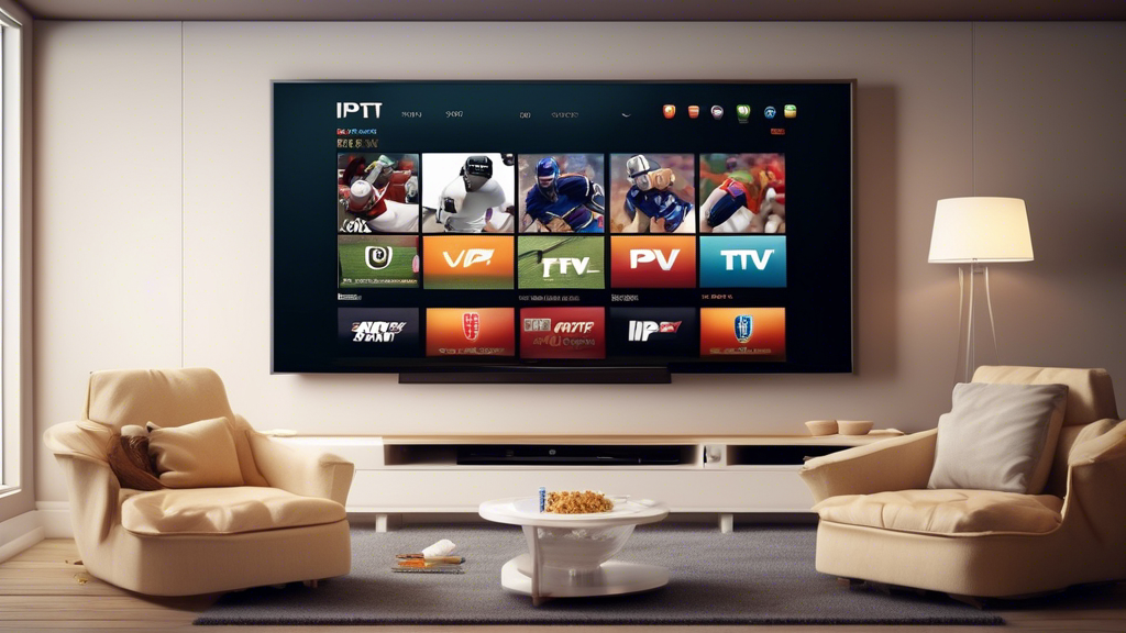 Create an image of a modern living room with a large flat screen TV displaying a variety of different sports channels through an IPTV service. Include elements such as a comfortable sofa, a bowl of popcorn, and a remote control to convey the idea of enjoying sports entertainment through IPTV.