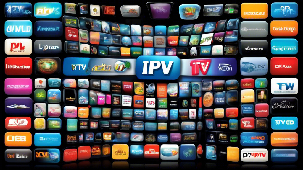 Create an image of a futuristic television screen displaying a variety of different IPTV service provider logos, with visual representations of each provider