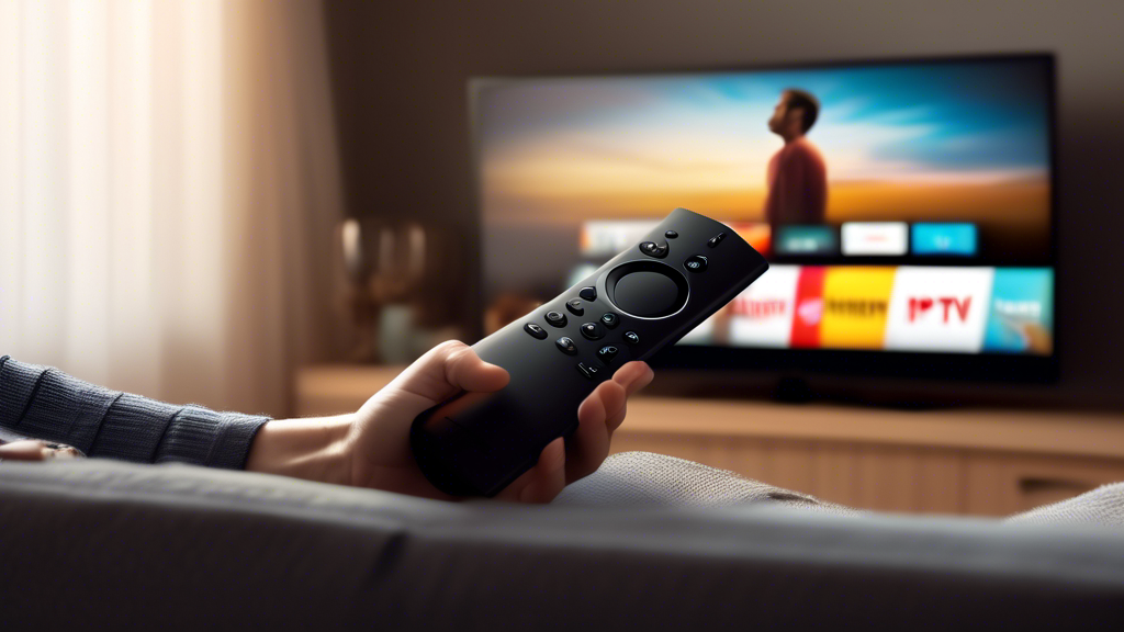 Create an image of a person casually lounging on a couch, using an Amazon Fire TV Stick to stream IPTV content on their television. The person should have a look of enjoyment on their face, while the TV displays a variety of IPTV channels and shows. The background should have a cozy living room setting with dim lighting to suggest a relaxing atmosphere.