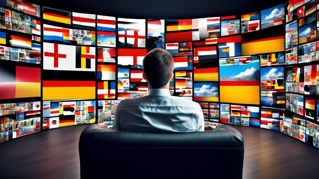 Create an image of a person in Germany watching IPTV on a large screen TV, surrounded by various IPTV devices, with the German flag in the background. The person should appear engaged and focused, with a look of curiosity and excitement on their face. The image should depict the concept of IPTV in Deutschland and convey a sense of modern technology and innovation.