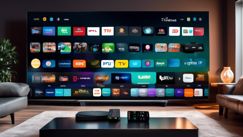 Create an image of a sleek and modern Android TV box surrounded by various IPTV app logos, such as TiviMate, Hulu, Sling TV, Pluto TV, and Plex, displayed on a futuristic digital interface. The background should feature a high-tech living room setting with a large flat-screen TV showcasing a crystal-clear IPTV stream. The overall aesthetic should convey innovation and convenience in accessing IPTV content on Android TV boxes.