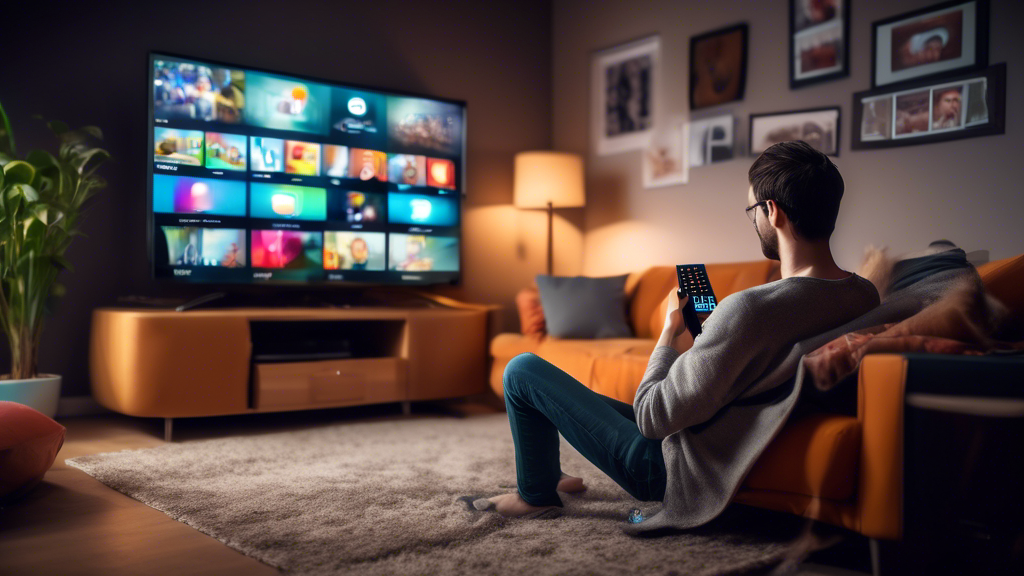 Create an image of a person sitting on a cozy couch, holding a remote control and watching a high-definition television screen that displays a variety of Internet television channels and streaming services. Surrounding the person are digital devices like smartphones and tablets, all connected to the WiFi network, showcasing the variety and convenience of IPTV in the modern world.