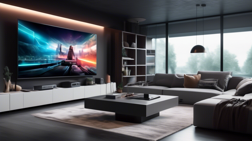 Create an image of a futuristic living room setup with a large 4K TV displaying an IPTV service, showcasing a variety of channels and on-demand content options. Surrounding the TV are sleek and modern furniture pieces with smart home devices integrated, demonstrating a cutting-edge entertainment experience for viewers.