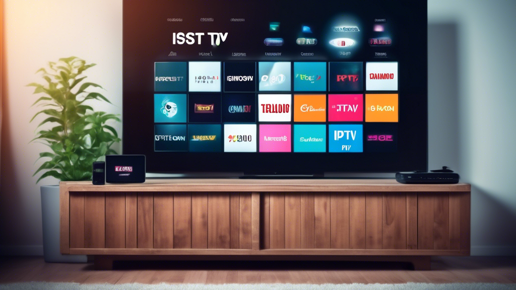 Create an image of a futuristic smart TV displaying a variety of streaming channels with the caption Was ist IPTV? displayed on the screen. Make the TV sleek and modern, reflecting the concept of Internet Protocol Television (IPTV) in a visually engaging way.