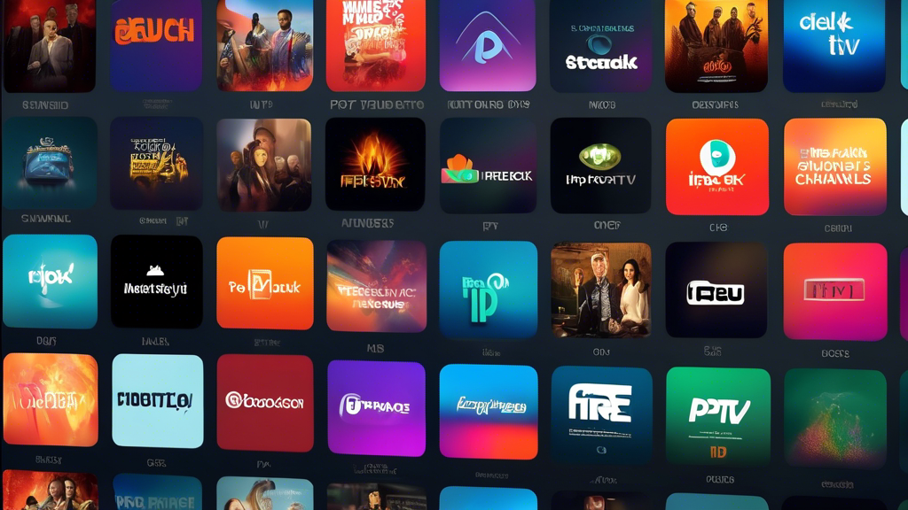 Create an image of a variety of TV streaming apps displayed on a Firestick interface, showcasing the logos of popular IPTV apps with vibrant colors and sleek design elements. The image should convey a sense of versatility and user-friendly navigation, with icons for different channels and streaming services tailored for the Firestick platform.