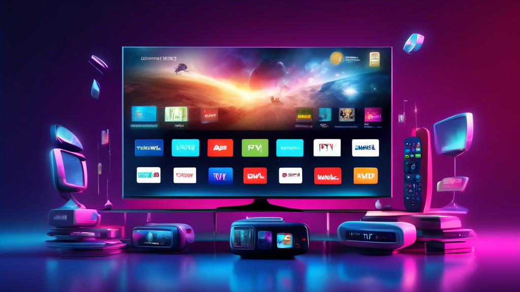 Create an image of a futuristic smart TV with multiple streaming services, cable TV channels, and IPTV options displayed on the screen, surrounded by a variety of remote controls and devices, symbolizing the diverse choices and features of IPTV subscriptions in a visually engaging way.