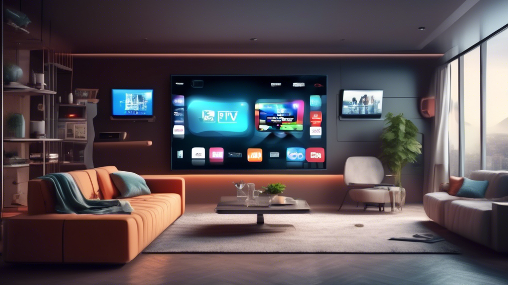 Create an image of a futuristic living room with a large TV displaying multiple IPTV apps on the screen, surrounded by various technology gadgets and devices. The room should look modern and sleek, with a cozy feel, showcasing the convenience and excitement of using TV Box IPTV apps in everyday life.