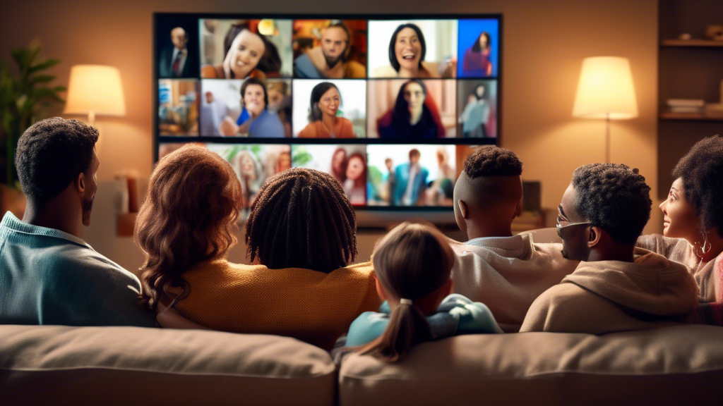 Create an image of a diverse group of people watching television together, with various channels and shows displayed on the screen. The image should depict a cozy living room setting with a big screen TV, showcasing different genres, like news, sports, movies, and series, appealing to a wide range of viewers. The scene should evoke a sense of enjoyment and relaxation, highlighting the diverse choices and entertainment options provided by the best IPTV services for TV.