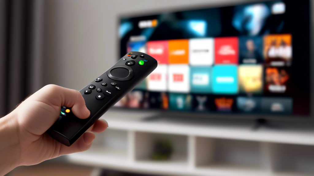 Create an image of a person holding a Firestick and a remote control, with a TV in the background showing a streaming service interface. The person should have a surprised and excited expression on their face, indicating that they are enjoying the benefits of a free IPTV trial on their Firestick. The image should convey a sense of convenience and technology integration for streaming content on the television.