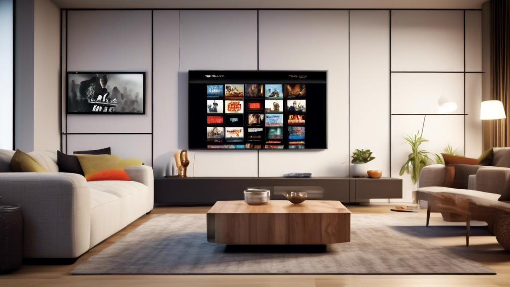 Create an image of a sleek and modern living room setup with a large flat-screen TV displaying a wide selection of movies available through an IPTV service. The room should have a comfortable sofa and popcorn on a coffee table, capturing the essence of a cozy movie-watching experience at home. The screen should showcase vivid movie posters to highlight the diverse range of films available through the top IPTV service recommendations mentioned in the article.