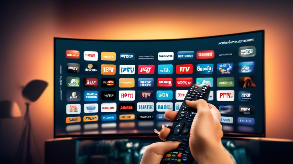 Create an image of a person holding a remote control, scrolling through a variety of IPTV channels on a large television screen. The background should showcase Amazon