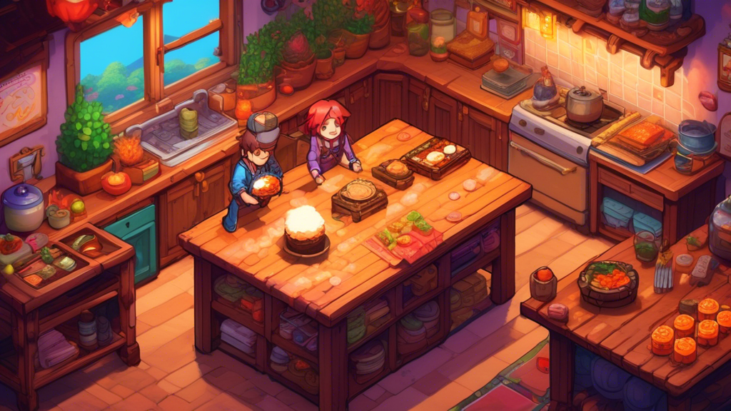 A whimsical kitchen scene in Stardew Valley, with a character skillfully preparing Maki Rolls surrounded by vibrant, glowing ingredients, and an open magical recipe book floating in mid-air, illuminating the advantages of the Maki Roll recipe.