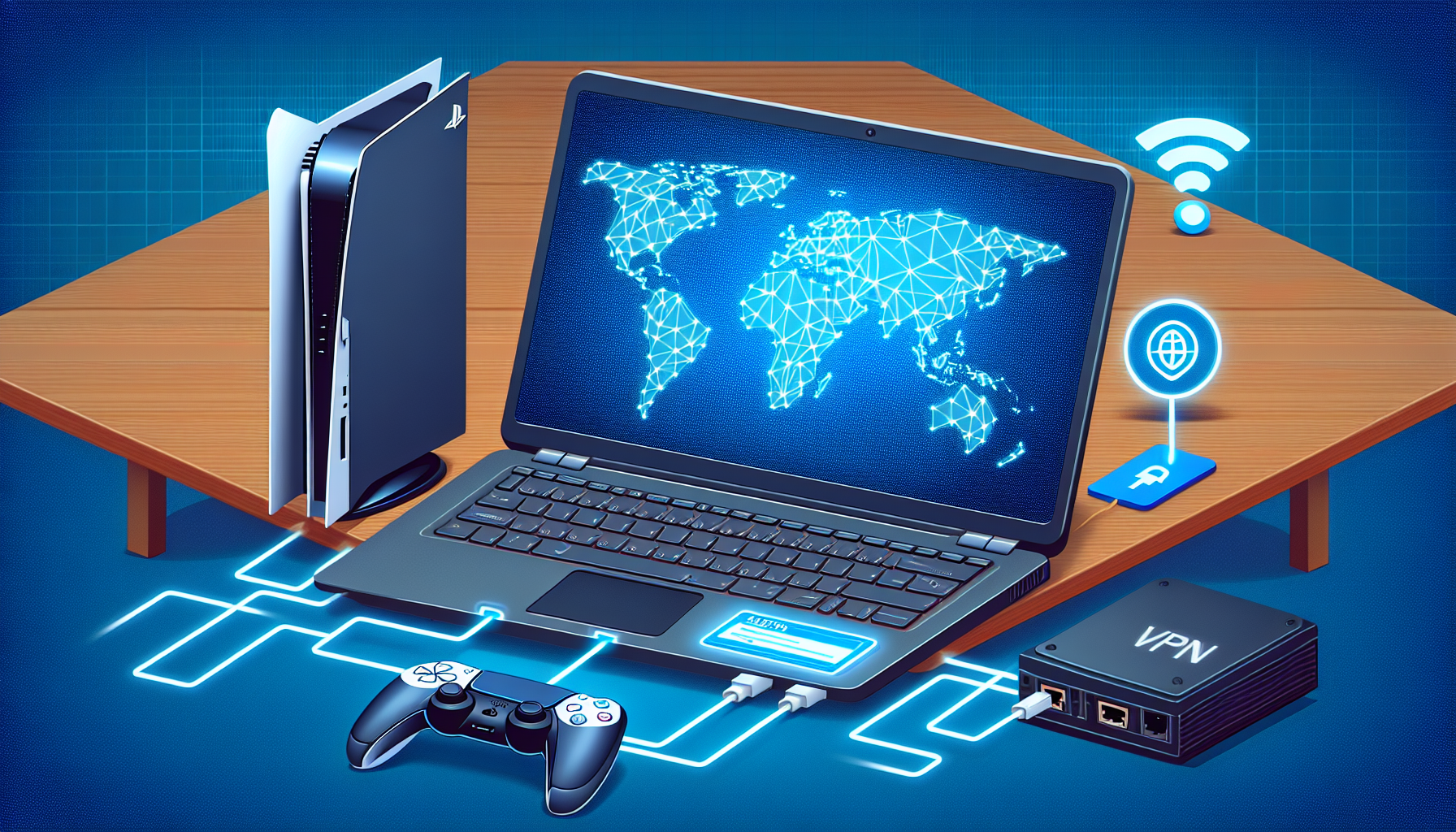 Illustration of a PlayStation 5 game console connected to a laptop displaying a VPN service on its screen. The gaming console and the laptop are laying on a wooden table. On the laptop screen, display a world map with encrypted data streams, symbolizing the VPN connection, originating from the laptop and spreading towards various parts of the globe.