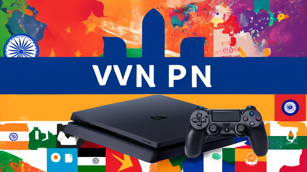 A colorful, digital illustration of a PlayStation 4 console surrounded by various VPN logos, with an Indian flag in the background, symbolizing the search for the best VPN service in India.