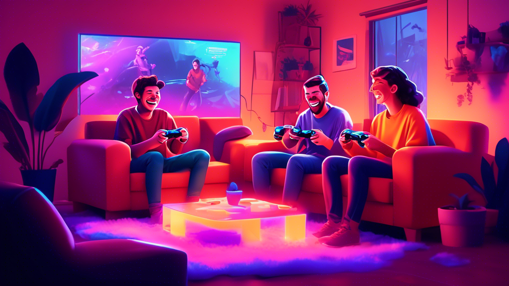 Two friends sitting on a sofa, laughing and playing video games in a cozy living room, with a translucent overlay of PlayStation game sharing tutorial steps floating above them, in a vibrant and inviting illustration style.