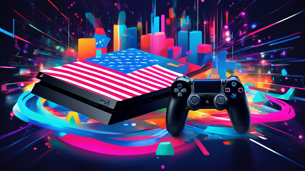 Digital illustration of a sleek PlayStation 4 console surrounded by colorful streams of data representing the best VPN services in the United States, with the American flag subtly integrated into the background.