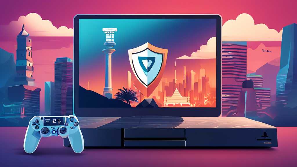 Digital illustration of a secure VPN shield icon hovering over a PS4 console with Indonesian landmarks in the background, showcasing a seamless and protected gaming experience.