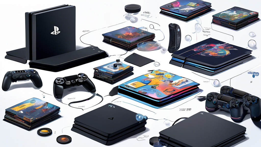 An illustrated guidebook floating above a sleek PS4 Pro console surrounded by floating game controllers, game discs, and interactive infographic bubbles highlighting key features.