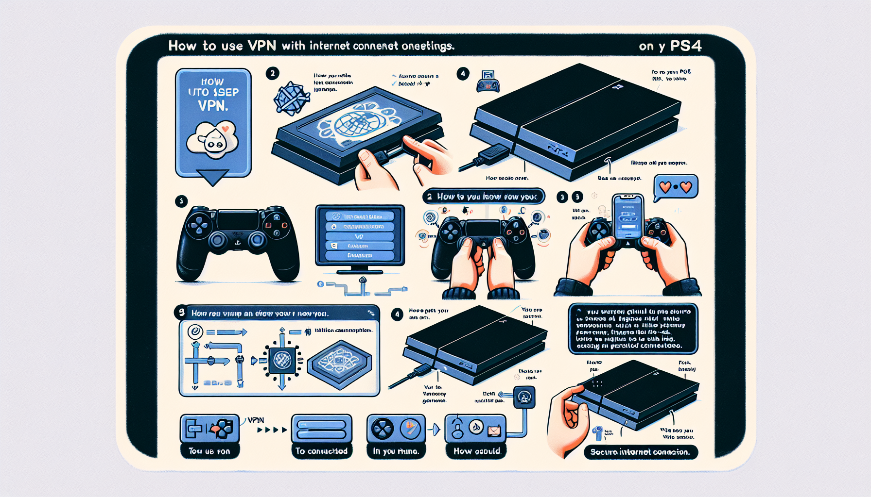 An illustrated step-by-step guide showing how to use VPN on a PS4. The first image shows a PS4 console and a controller. Then, various images show how to navigate the console