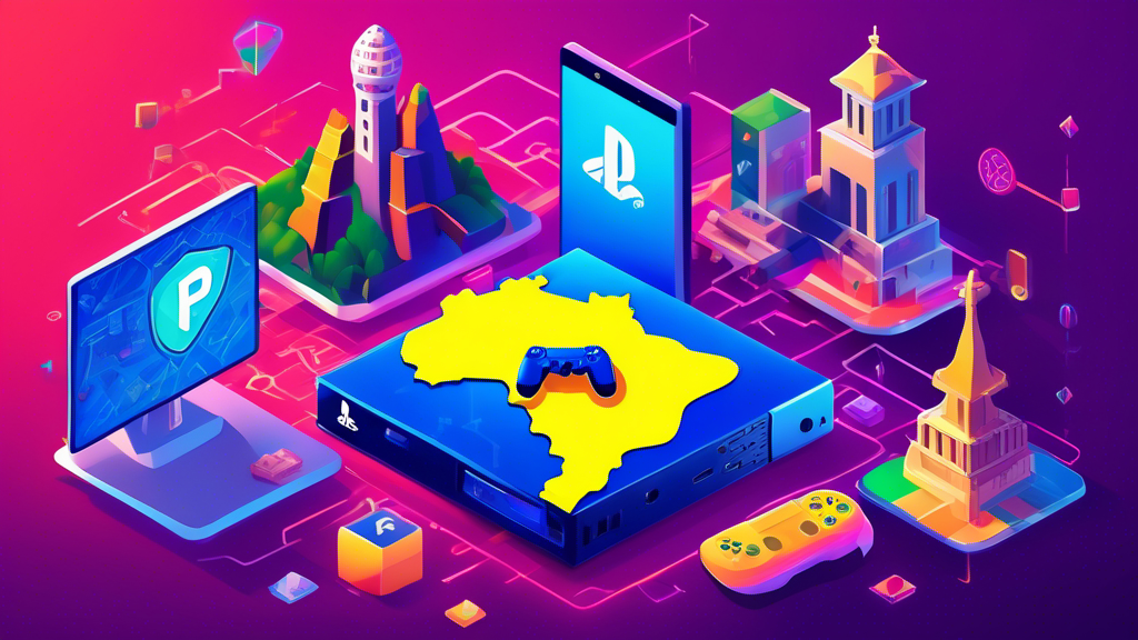 A detailed and colorful illustration of a PS4 console connected to a virtual private network (VPN) globe icon, surrounded by Brazilian landmarks and digital encryption symbols, showcasing the concept of secure and unrestricted gaming in Brazil.