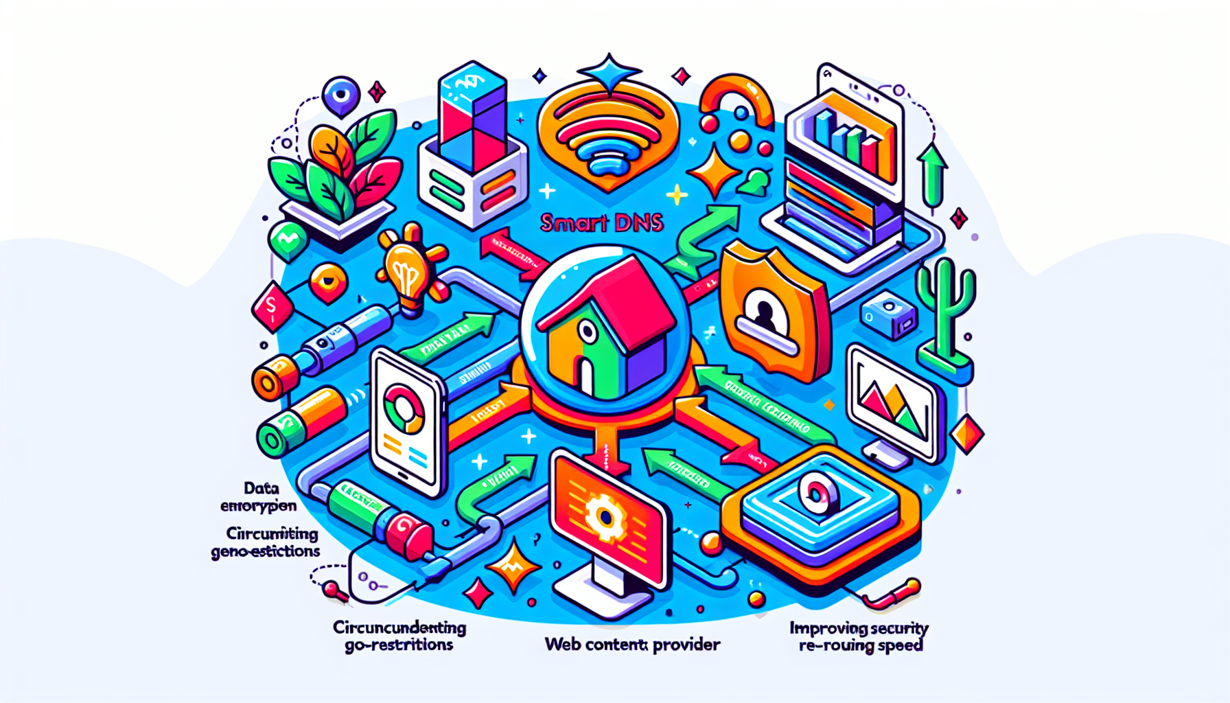 Create an illustrative and informative depiction on how a Smart DNS works. Highlight core components such as the user