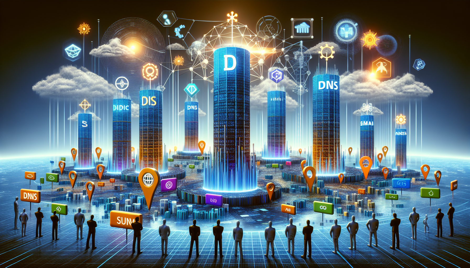 A visual representation of the top Smart DNS services of the year. The image should feature a virtual landscape with different symbolic representations of each DNS service. Display them as towers standing tall, with colors and symbols representing their corresponding brand identifications, but without directly replicating the company logos. The higher the tower, the better the service is rated. Include some additional elements such as digital clouds, a binary sun, and data streams flowing between the towers. Also, illustrate some cyber people looking at this landscape from a viewing platform.
