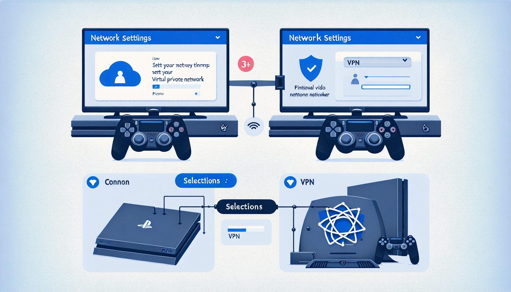 An illustrated step-by-step guide on setting up a Virtual Private Network (VPN) on a popular gaming console. The guide shows: the console