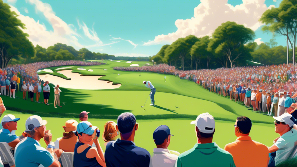 Digital painting of people watching the PGA Players Championship 2024 live on a giant screen in a lush golf course setting, with the excitement and intensity of the game reflected in the viewers