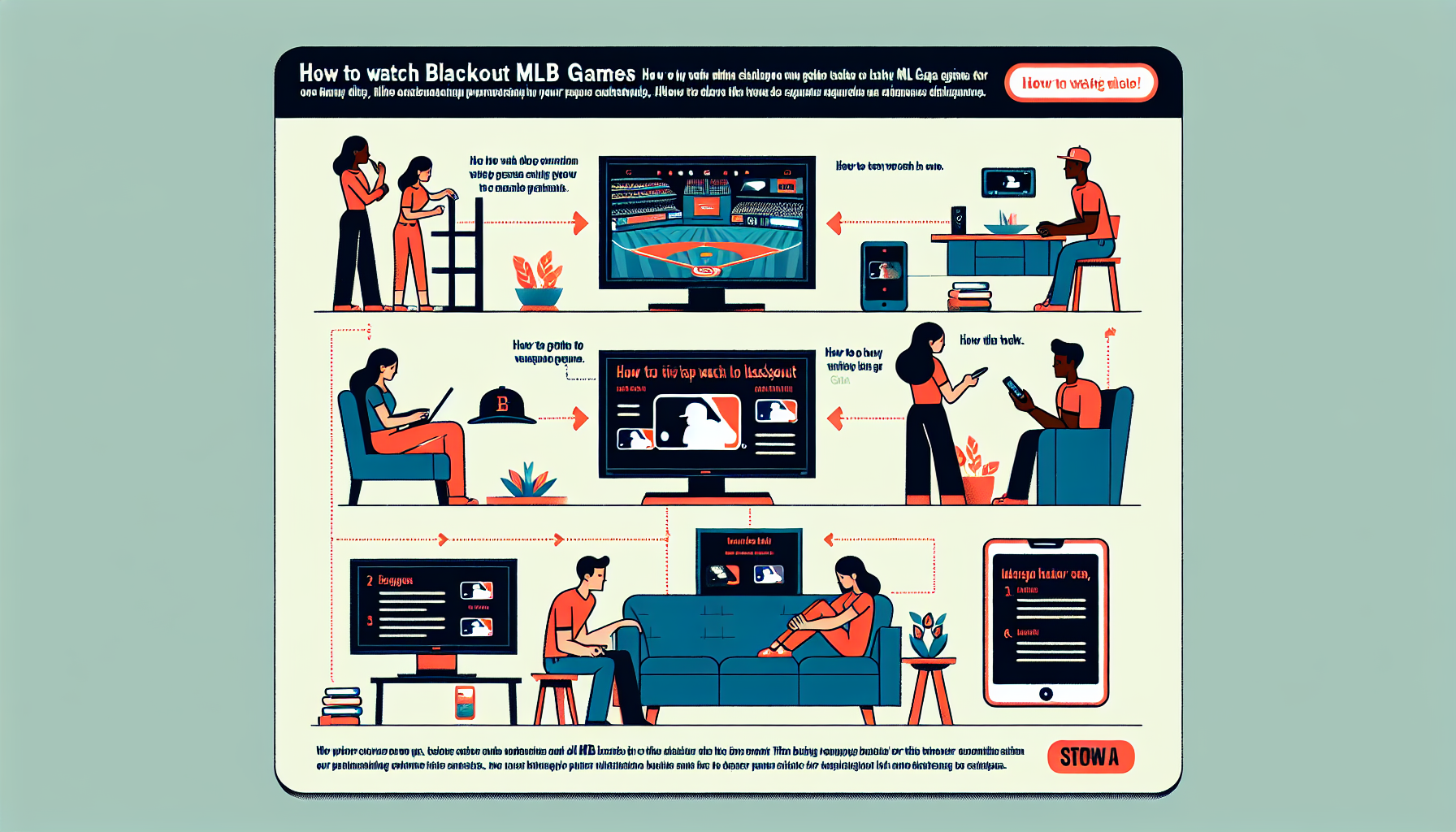 An illustrated step by step guide on how to watch blackout MLB games. The guide should have a title at the top, be straightforward with text instructions accompanied by relevant images such as a person navigating their computer or television settings. The design should configure the guide as a long scrollable infographic for easy understanding. The viewers could include a Caucasian woman adjusting settings on a flat-screen TV, a Hispanic man following the guide on a laptop, and a Black person following instructions on a tablet device.