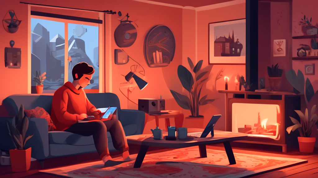 Illustration of a person setting up a VPN connection on their PlayStation 4 console in a cozy living room, with distinctive Russian cultural elements subtly integrated into the decor.