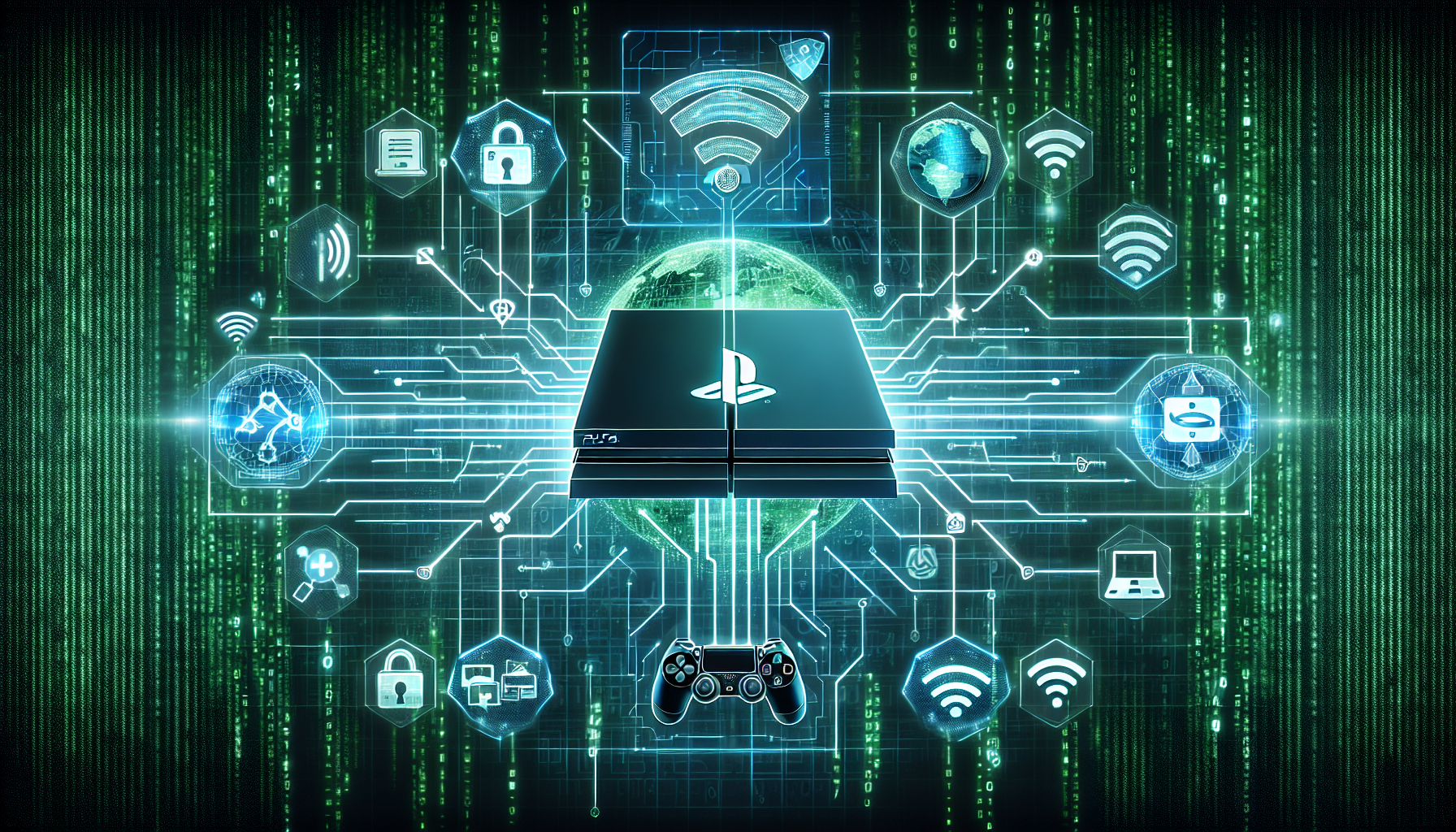 Illustrate an image displaying a conceptual representation of top VPN solutions for PlayStation 4 gaming. Depict a PlayStation 4 console with glowing symbols indicating security and speed. Include images of a game controller, wireless signals and a globe with data transmission lines. Include icons for high-speed connections, encryption, and privacy. The background can be composed of digital matrix-style green binary code, symbolizing the digital world but should not overshadow the main elements.