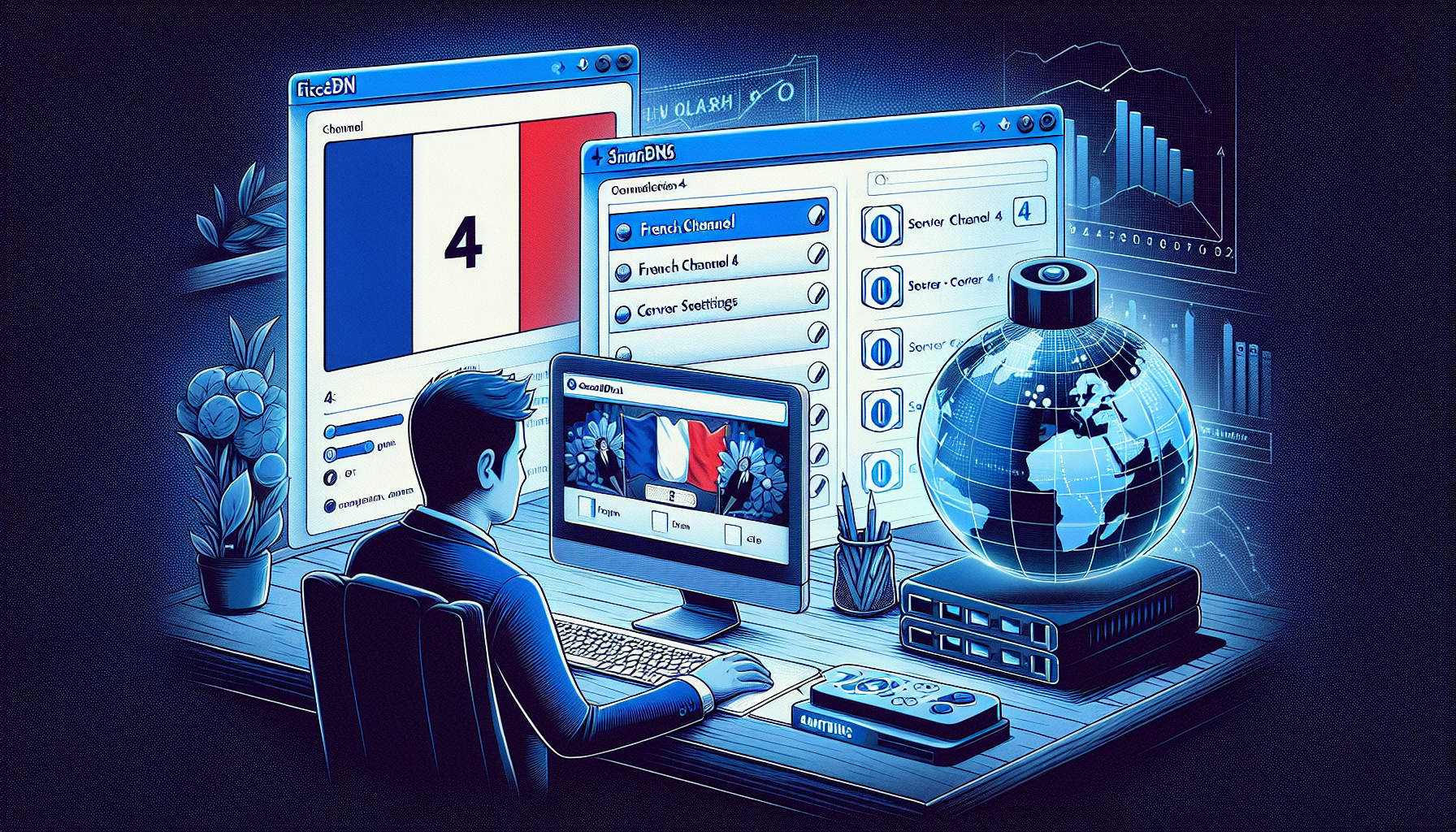 A detailed visual tutorial on how to unblock a fictional fictive French channel 4 using a SmartDNS. The image should include a computer screen showing the channel being unblocked, the SmartDNS settings interface, a globe depicting server locations and lastly, a step-by-step guide to demonstrate the process.