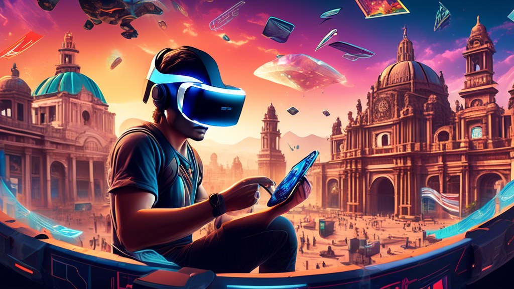 A futuristic illustration of a gamer wearing virtual reality headset while playing PS4 in Mexico surrounded by iconic Mexican landmarks with digital VPN shields protecting the gaming experience.