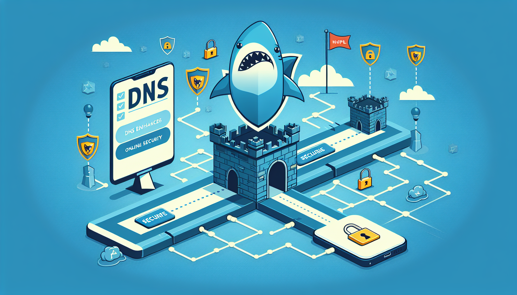 Illustration of the concept of DNS enhances online security offered by Surfshark. A metaphorical image where a secured pathway, in the form of a DNS route, travels from a device (like a computer or phone), decorated with a cartoon shark logo, and arrives at a fort-like symbol illustrating a secure website. Cybersecurity symbols such as padlocks, shields, and firewall icons are also present in the image. Please use only unique and generic designs to respect copyrights.