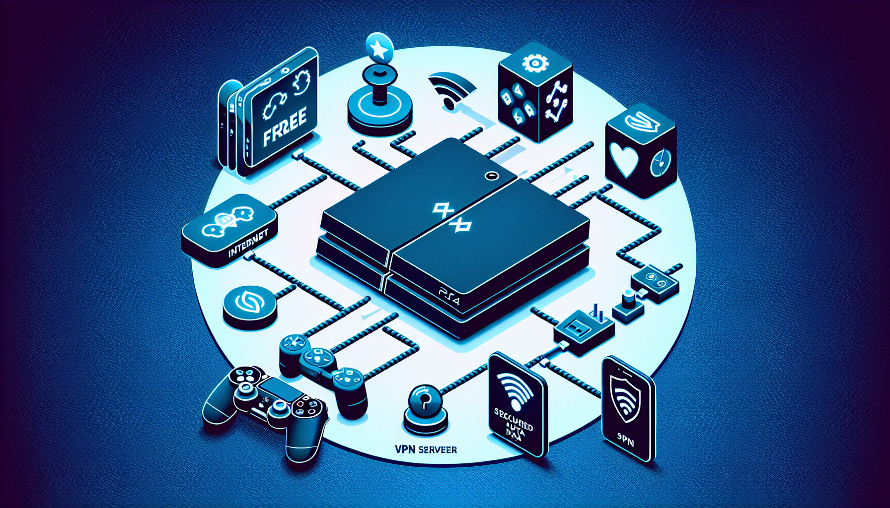 A visual guide detailing the steps for setting up free VPN services on a PS4 gaming console. Show a user-friendly diagram with labels indicating the necessary setup sequence. Display a stylized PS4 console, along with representative icons of internet connection, VPN server, and secured data transfer. Also include a console controller and emphasize the importance of internet privacy while gaming.