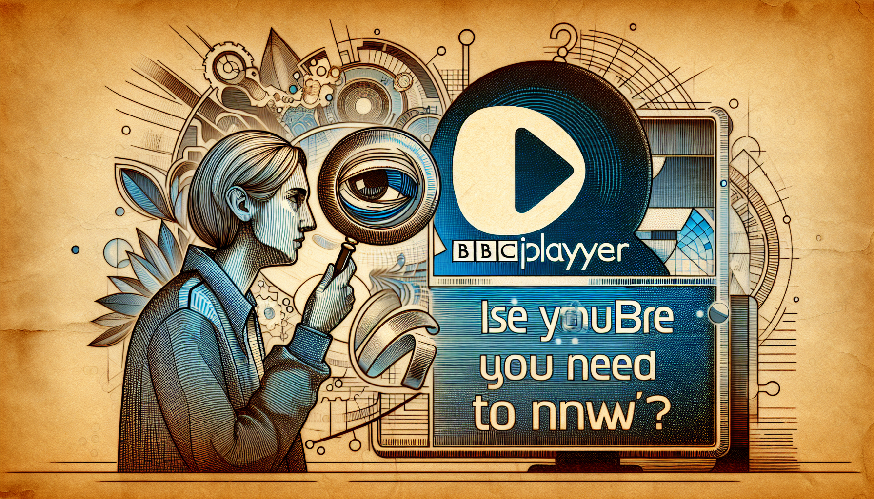 A detailed illustration depicting the concept of learning about the BBC iPlayer. In the foreground, a person could be seen holding a magnifying glass focusing on a screen with the BBC iPlayer logo. Beside the person, the question 