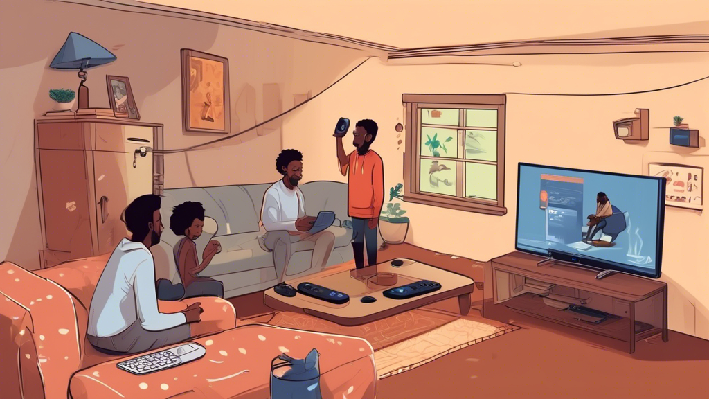 An illustrated step-by-step guide showing the process of connecting a PlayStation 4 to a VPN in a cozy living room setting in Ethiopia.